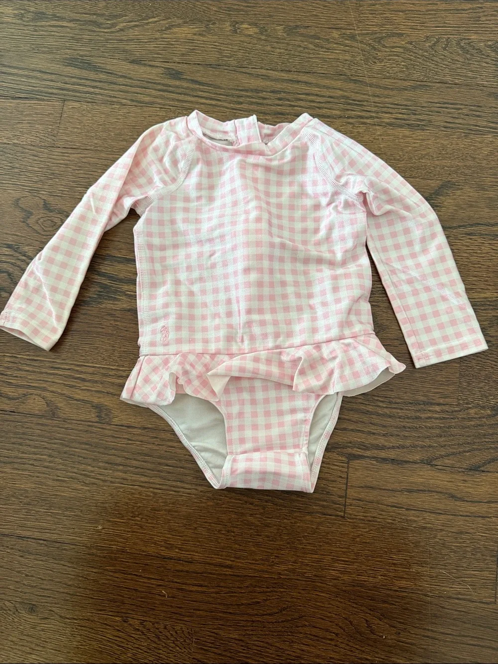 Ralph Lauren Pink Gingham Long-Sleeve One-Piece Swimsuit